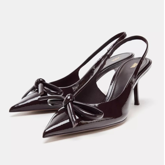 Zara Shoes - Zara NWT brown bow heeled patent slingback heels